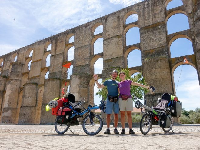 Recumbent bicycles in front of the aqueduct in Elvas